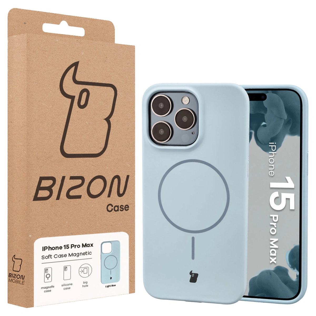 Przód pudełka Bizon Case z dedykowaną etykietą do Apple iPhone 15 Pro Max