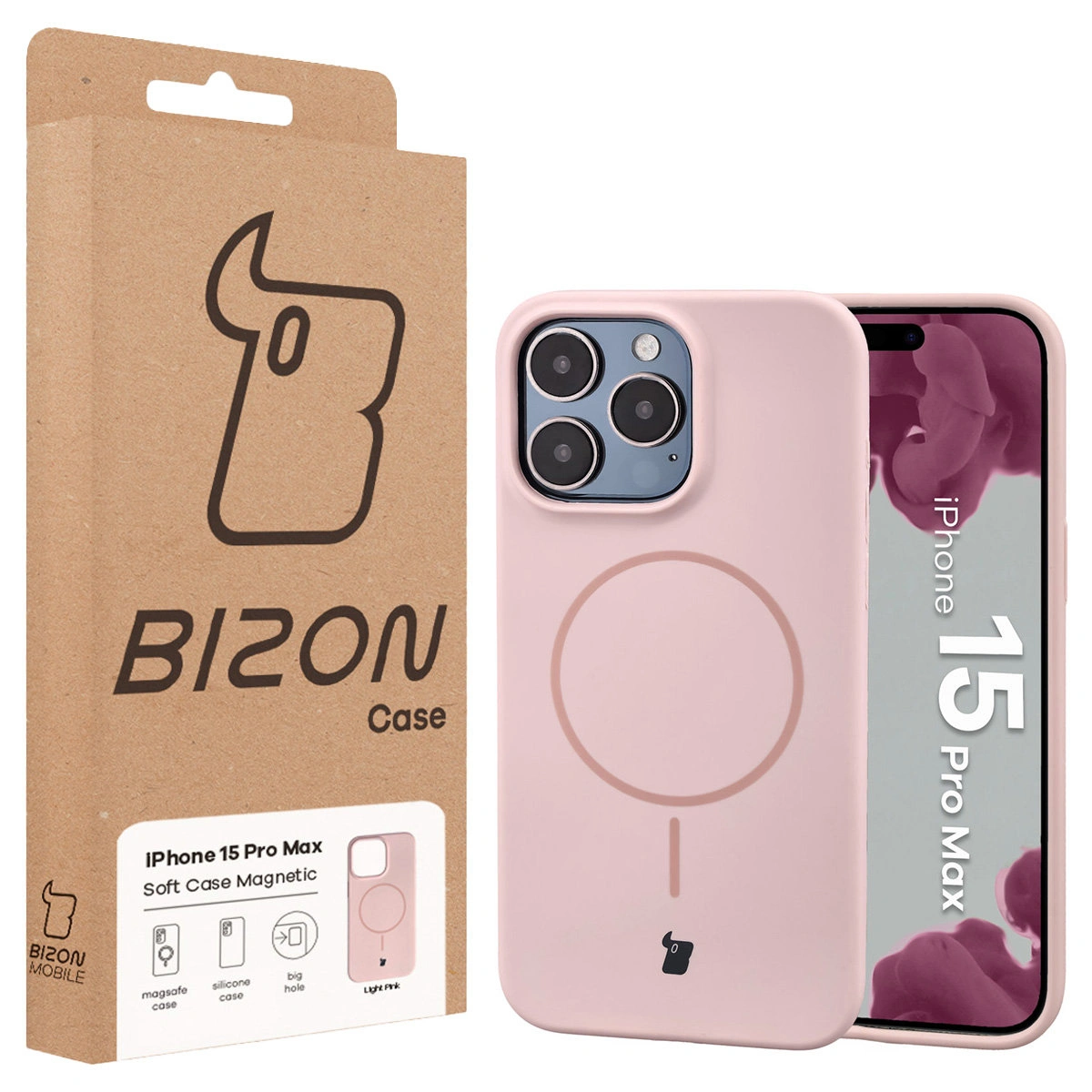 Przód pudełka Bizon Case z dedykowaną etykietą do Apple iPhone 15 Pro Max