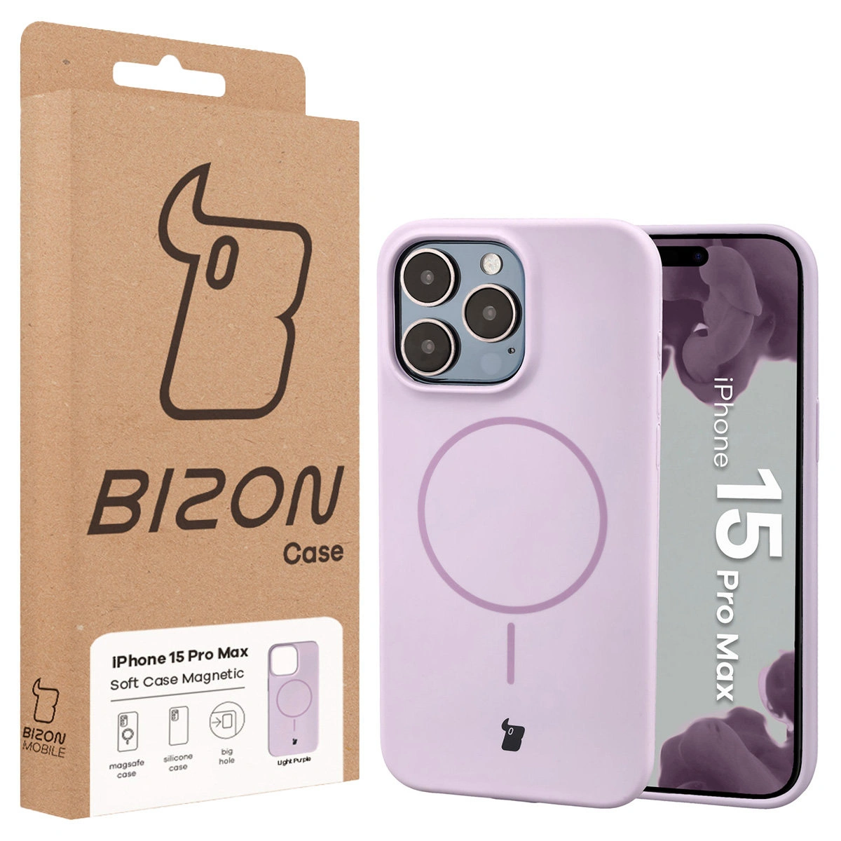 Przód pudełka Bizon Case z dedykowaną etykietą do Apple iPhone 15 Pro Max