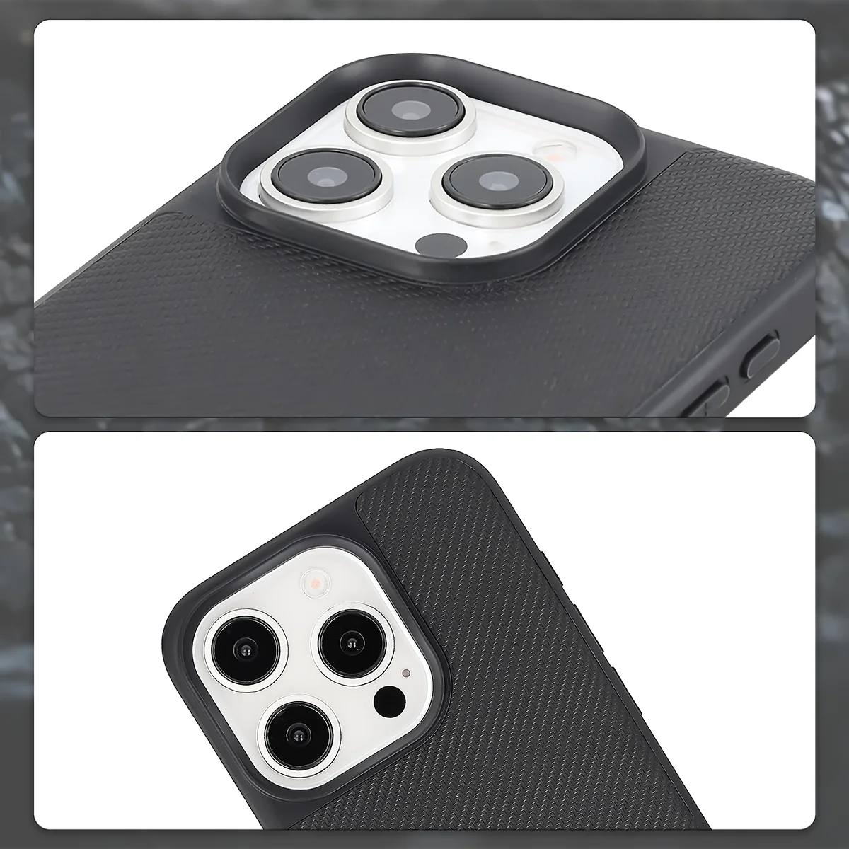 Podniesione krawędzie aparatu i wycięcie na aparat w etui Bizon Case CarbO do Apple iPhone 15 Pro