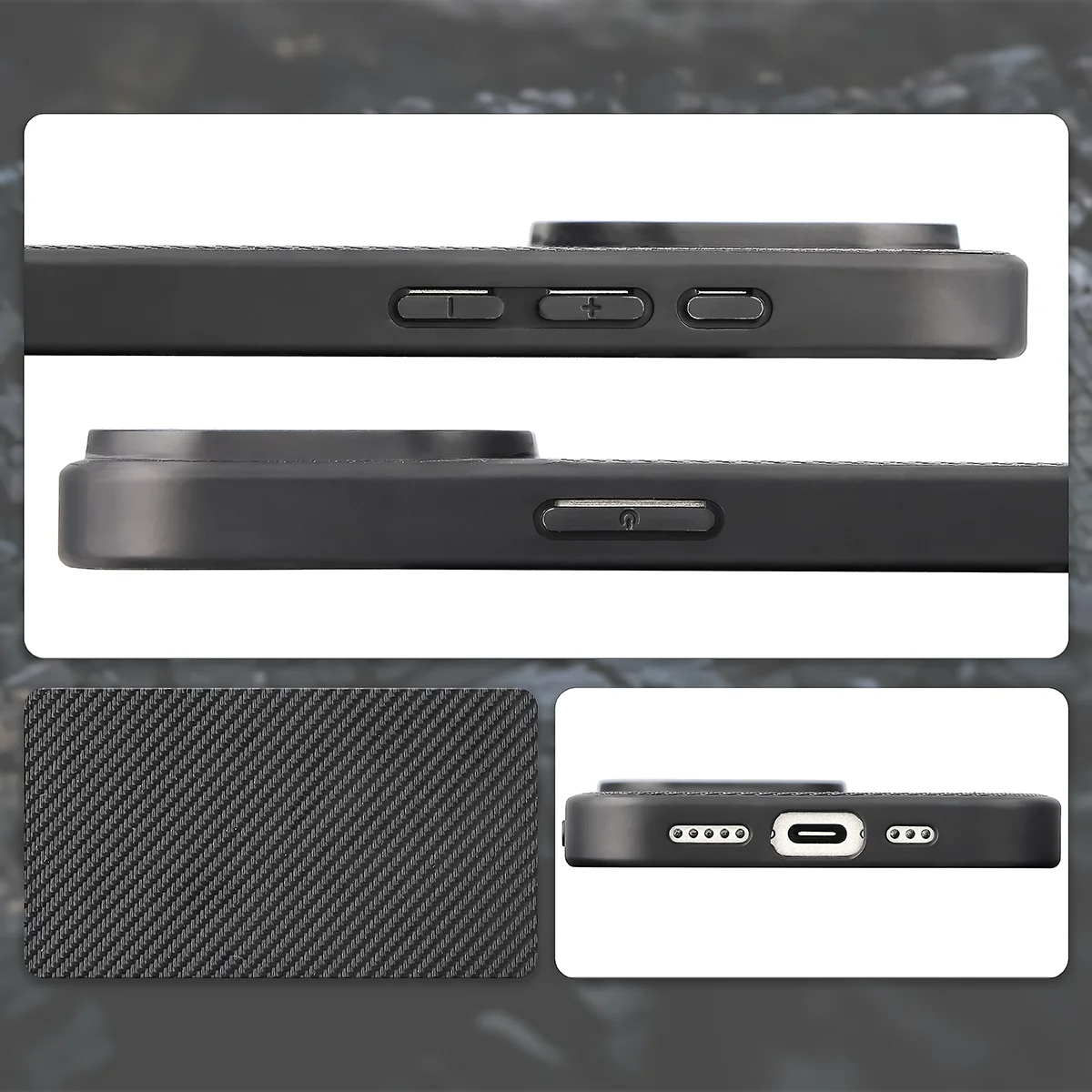 Wycięcia, zintegrowane osłony i struktura etui Bizon Case CarbO do Apple iPhone 15 Pro