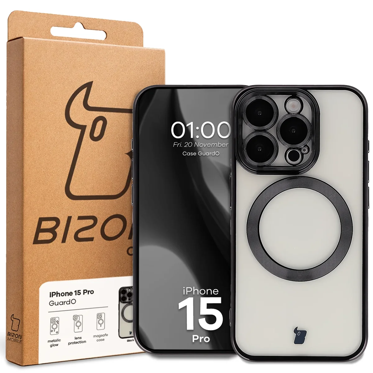 Przód pudełka Bizon Case z dedykowaną etykietą do Apple iPhone 15 Pro