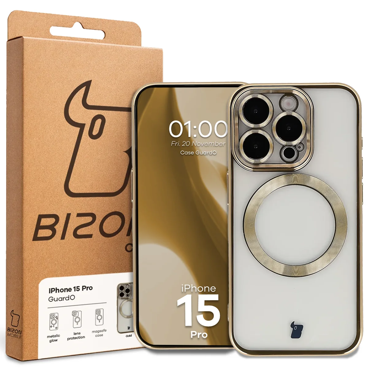 Przód pudełka Bizon Case z dedykowaną etykietą do Apple iPhone 15 Pro