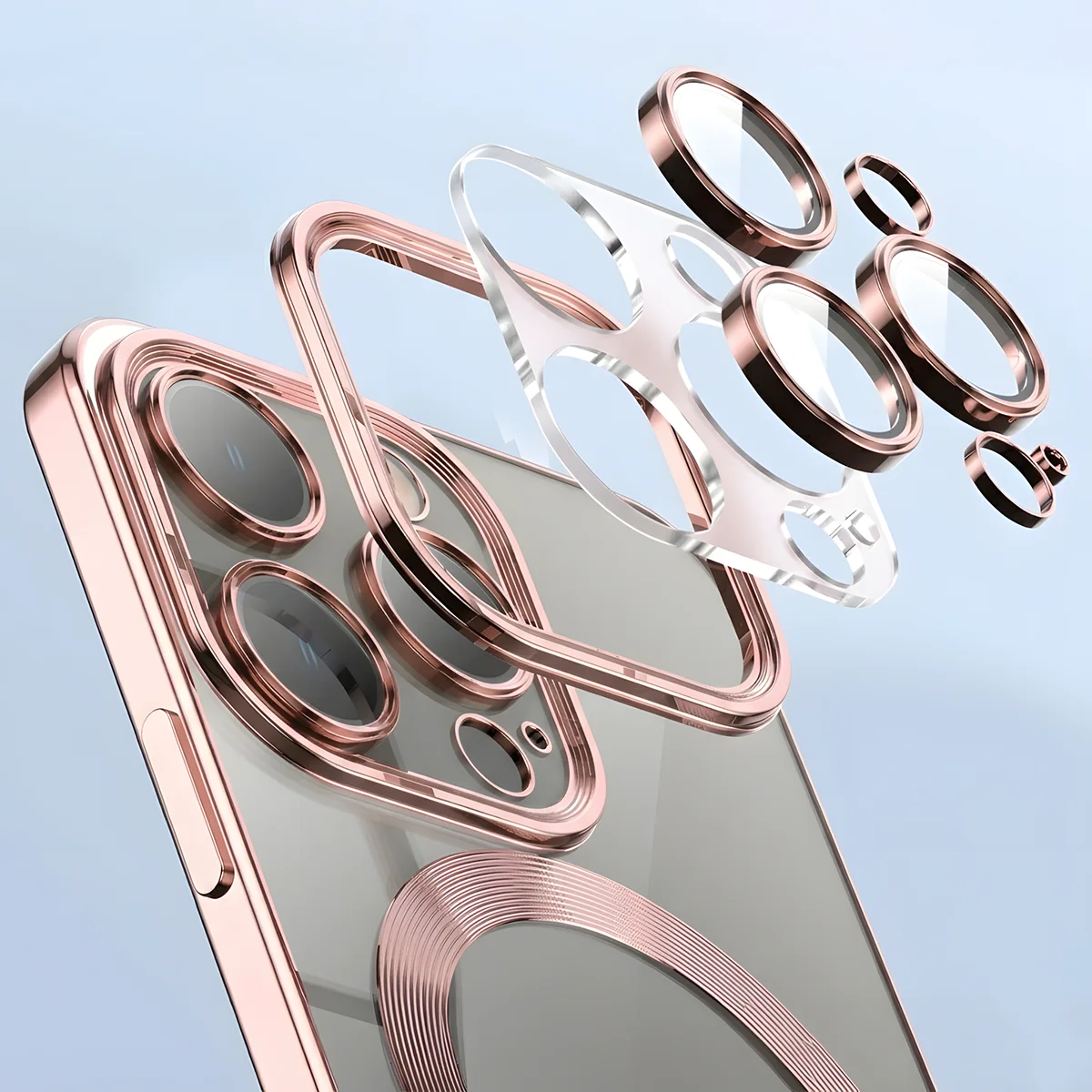 Metaliczna ramka, podniesione krawędzie i zintegrowane osłony w etui Bizon Case GuardO do Apple iPhone 15 Pro