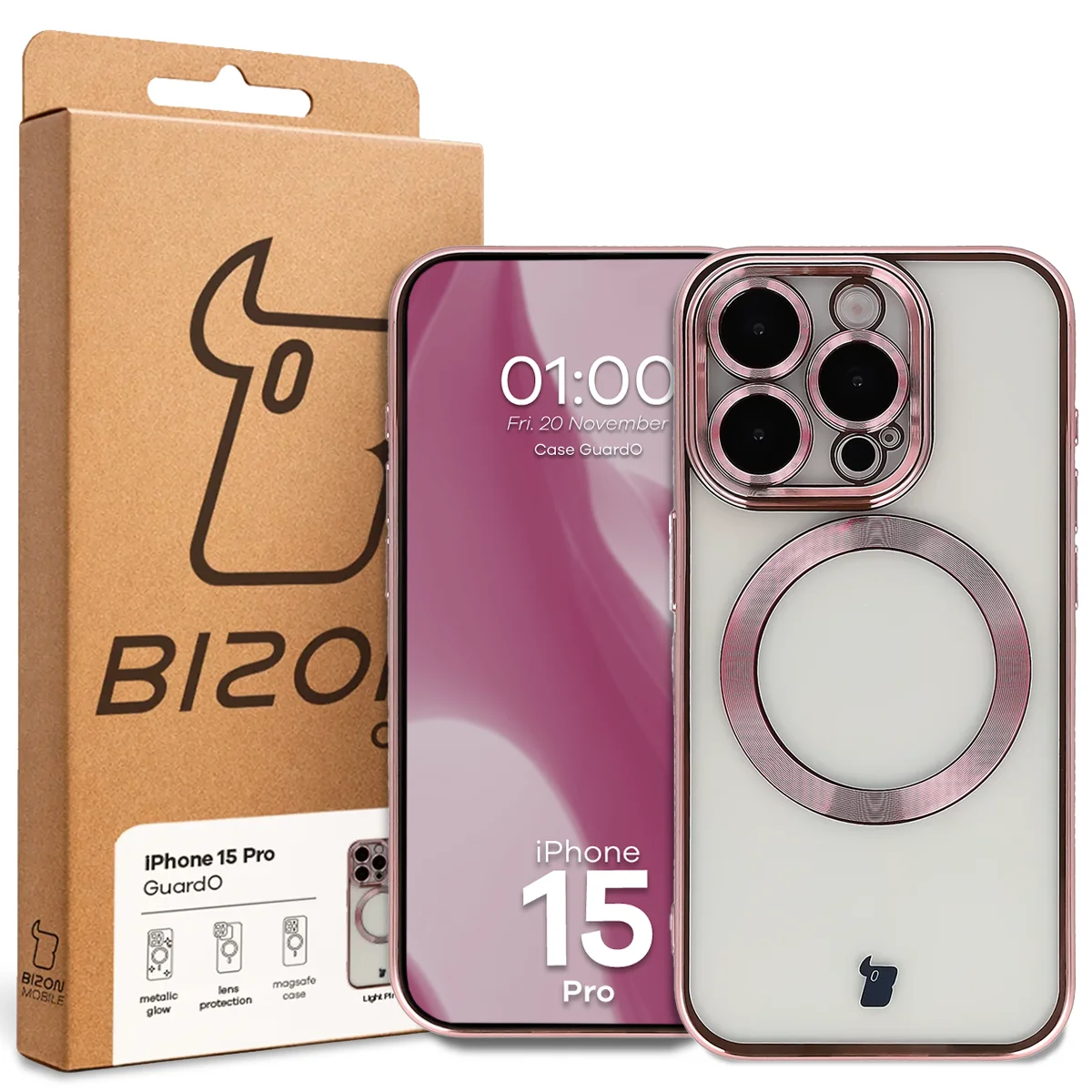 Przód pudełka Bizon Case z dedykowaną etykietą do Apple iPhone 15 Pro