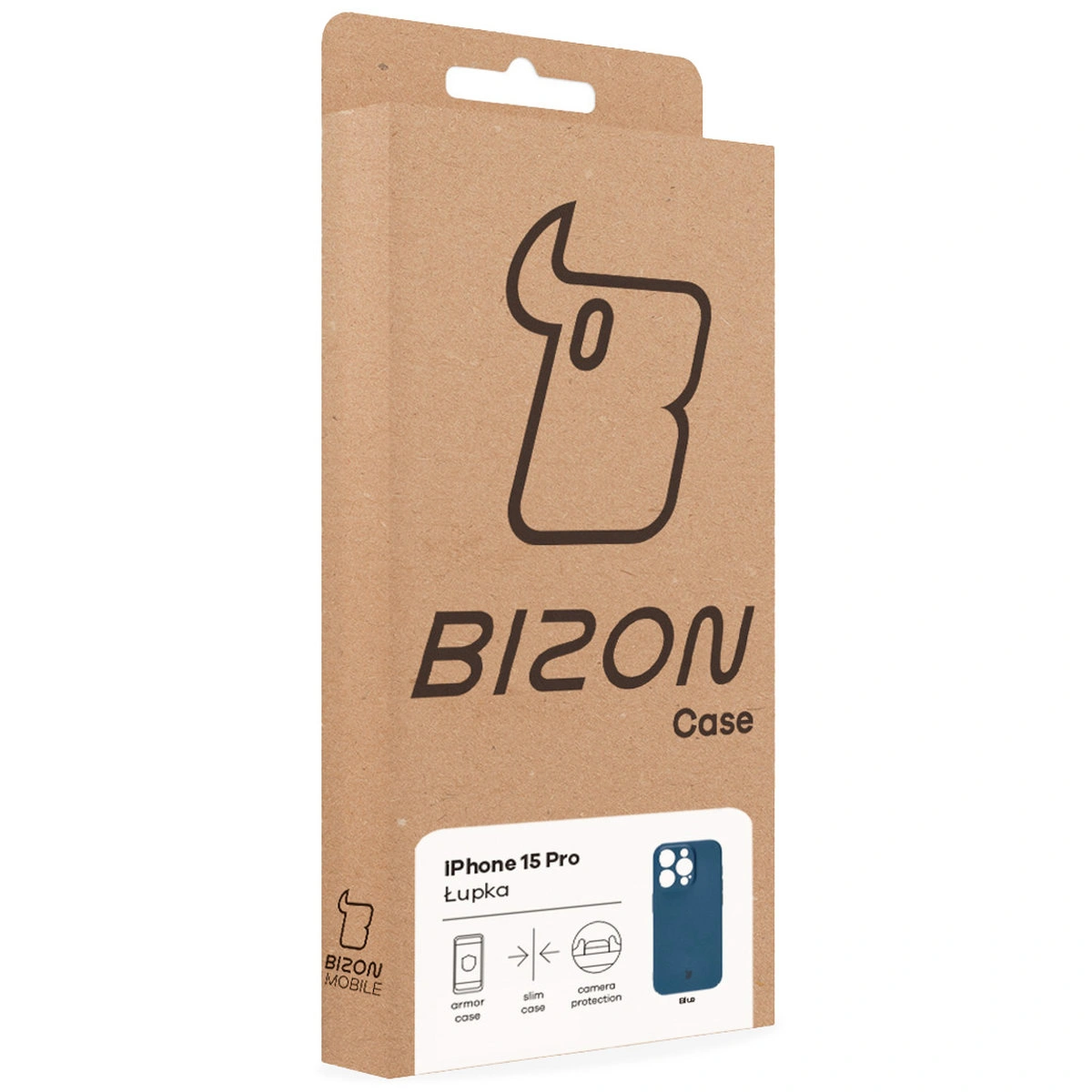 Przód pudełka Bizon Case z dedykowaną etykietą do Apple iPhone 15 Pro