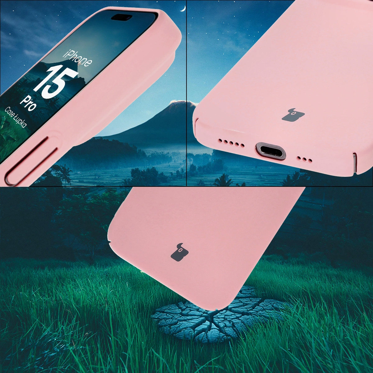 Protecții integrate pentru butoane, decupaje și materialul dur al etui-ului Bizon Case Łupka pentru Apple iPhone 15 Pro