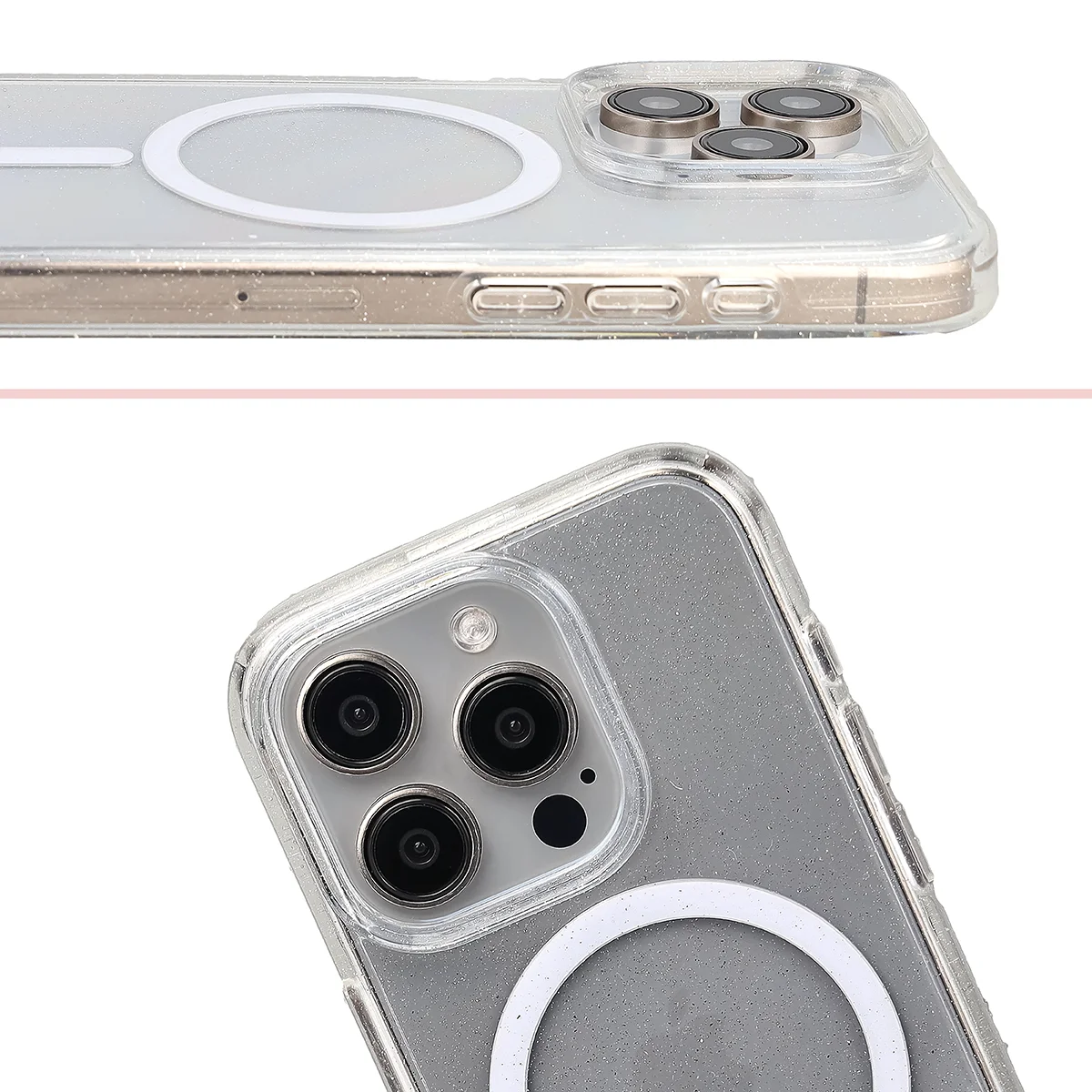 Podwyższone krawędzie aparatu i duże wycięcie w etui Bizon Case SparklO do Apple iPhone 15 Pro