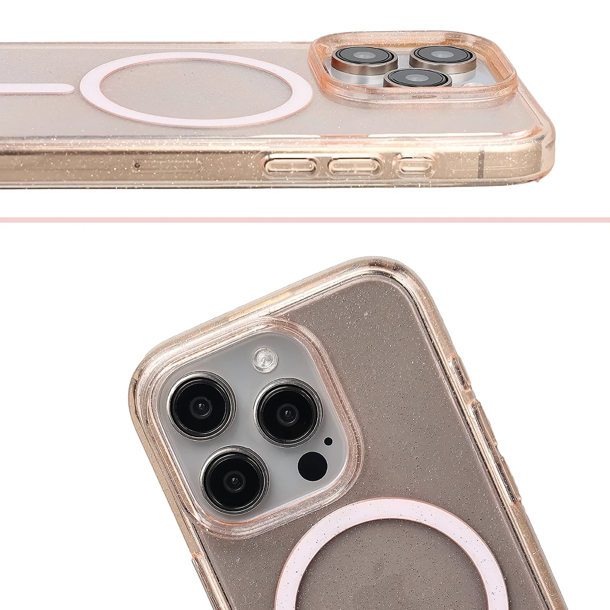 Podwyższone krawędzie aparatu i duże wycięcie w etui Bizon Case SparklO do Apple iPhone 15 Pro