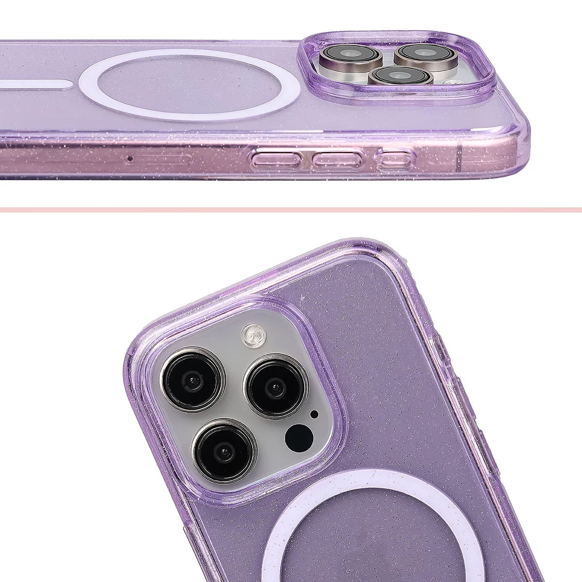 Podwyższone krawędzie aparatu i duże wycięcie w etui Bizon Case SparklO do Apple iPhone 15 Pro