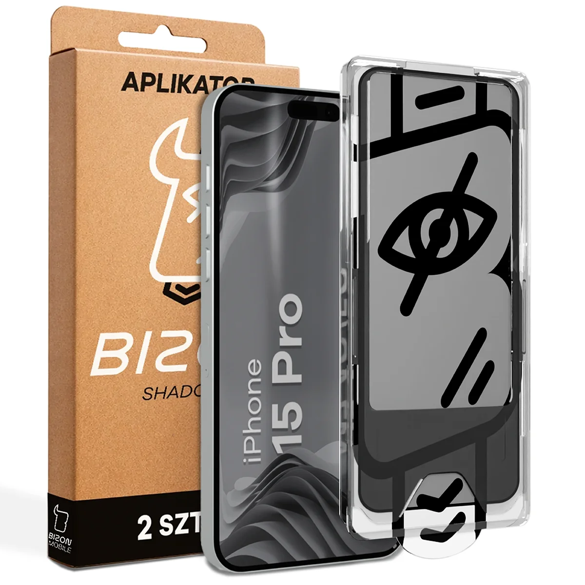 Privacy glass with applicator Bizon Glass Applicator Shadow for Apple iPhone 15 Pro
