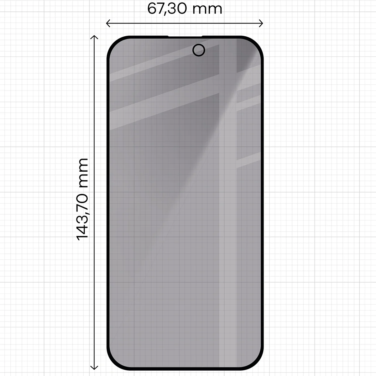 Glass dimensions on a ruler for Apple iPhone 15 Pro