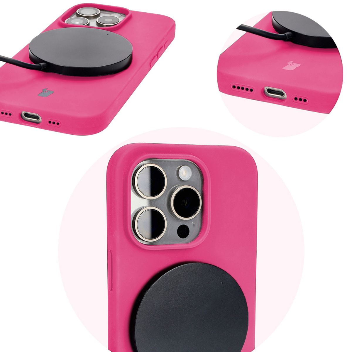 Nahaufnahme der präzisen Ausschnitte und der Möglichkeit des induktiven Ladens im Etui Bizon Soft Case