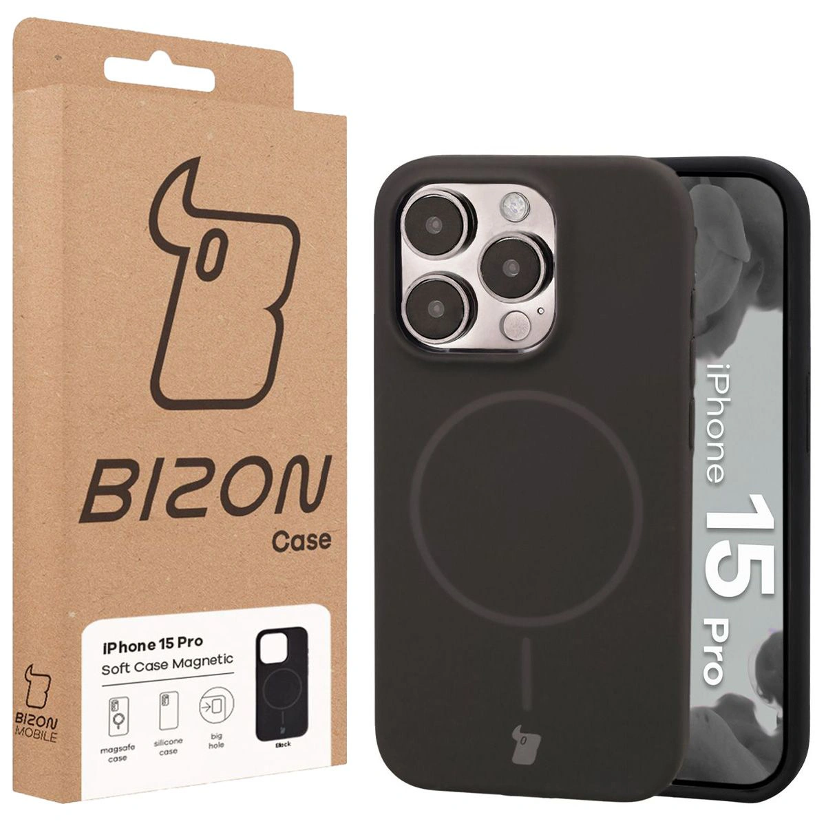 Przód pudełka Bizon Case z dedykowaną etykietą do Apple iPhone 15 Pro