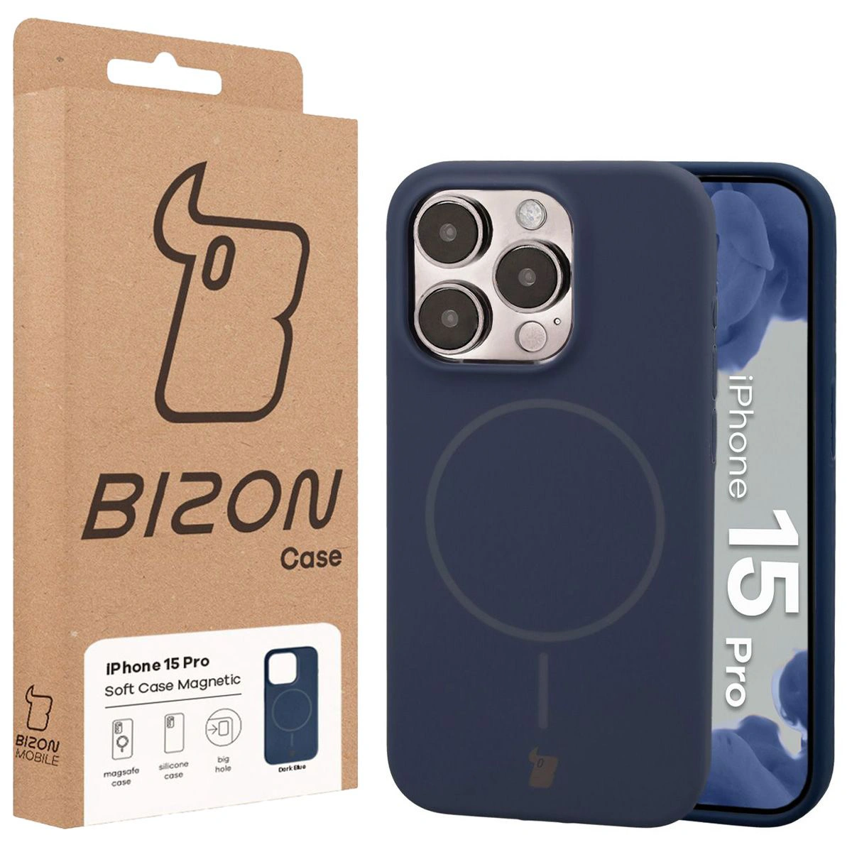 Przód pudełka Bizon Case z dedykowaną etykietą do Apple iPhone 15 Pro