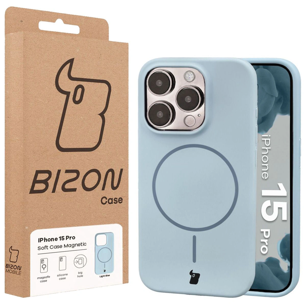 Przód pudełka Bizon Case z dedykowaną etykietą do Apple iPhone 15 Pro