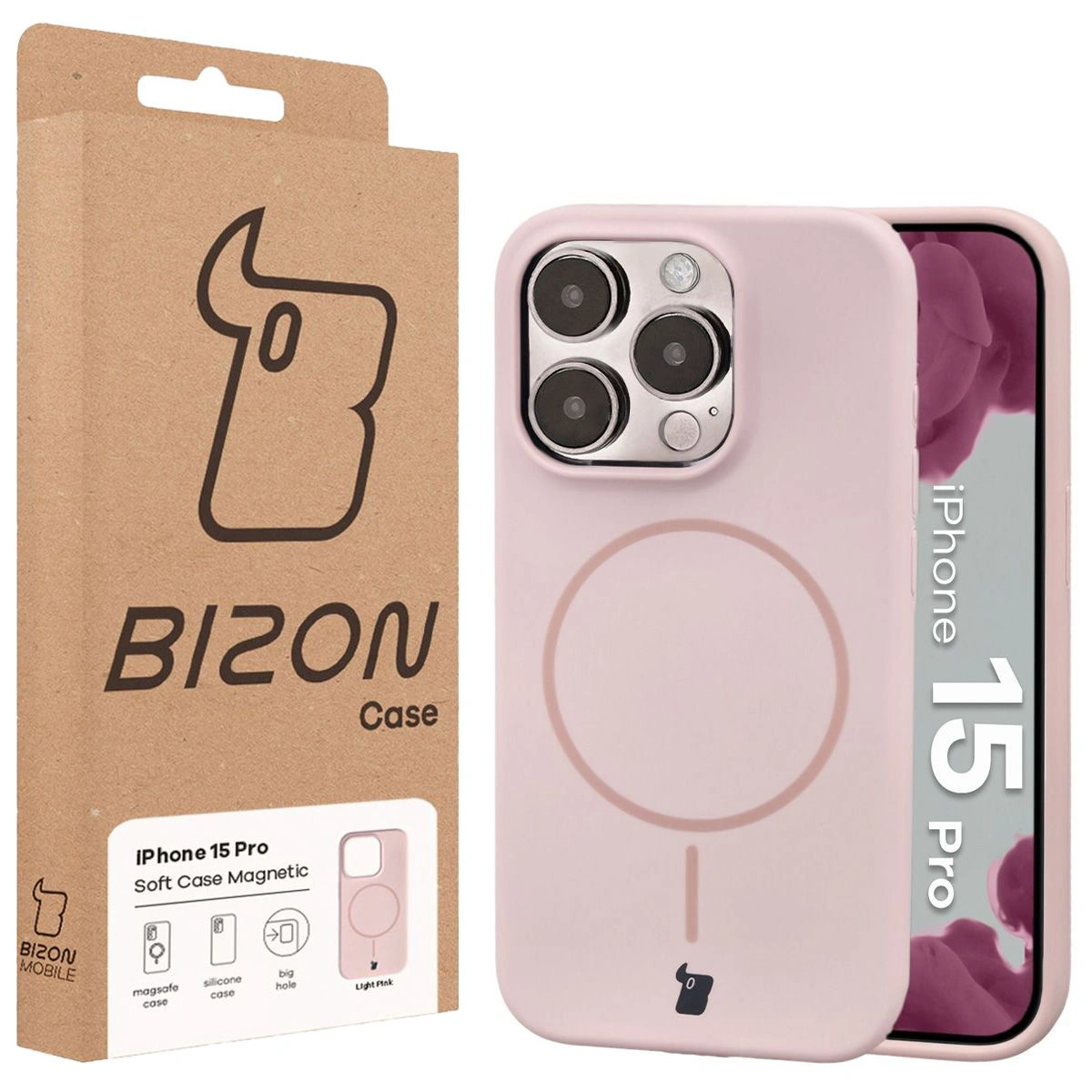 Przód pudełka Bizon Case z dedykowaną etykietą do Apple iPhone 15 Pro