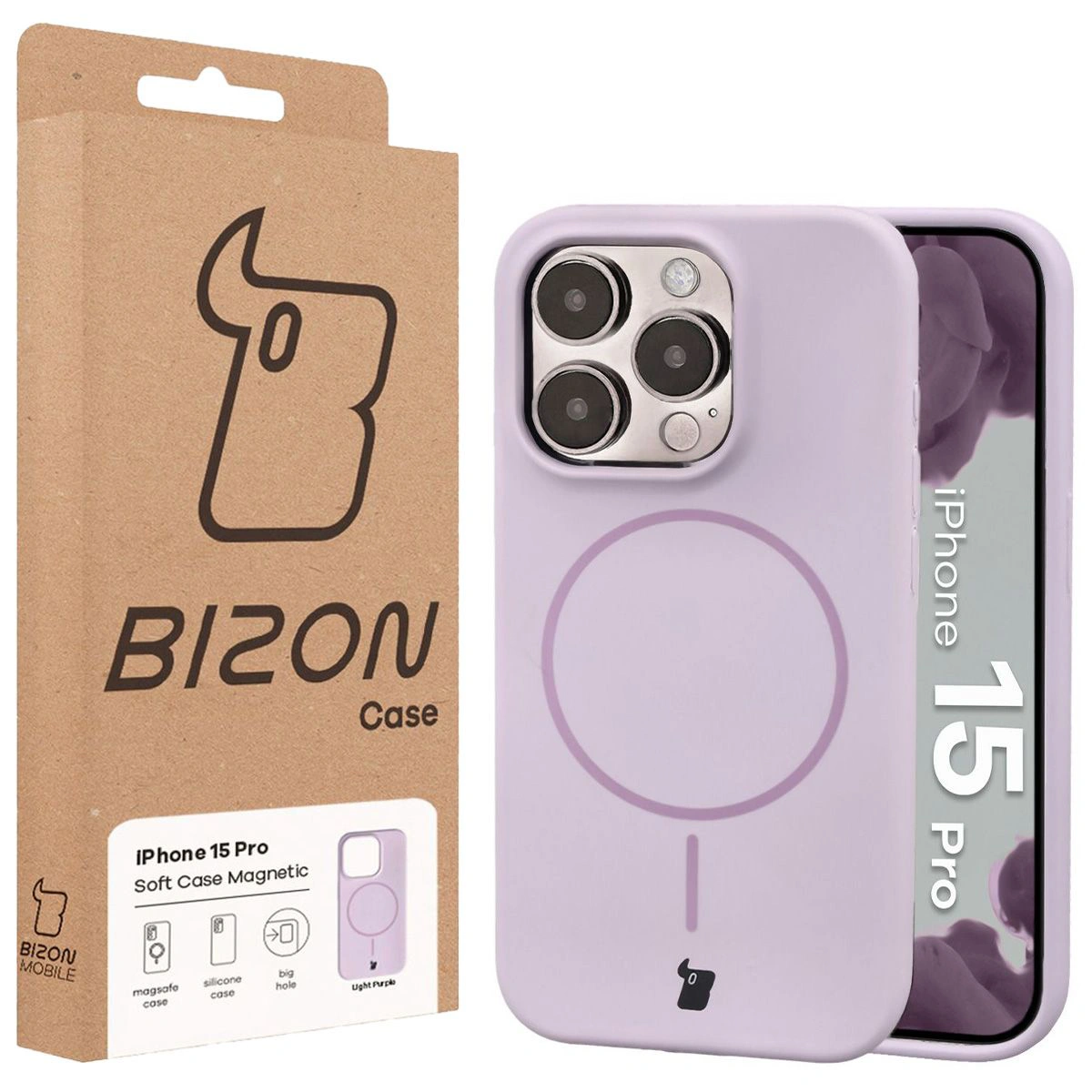 Przód pudełka Bizon Case z dedykowaną etykietą do Apple iPhone 15 Pro
