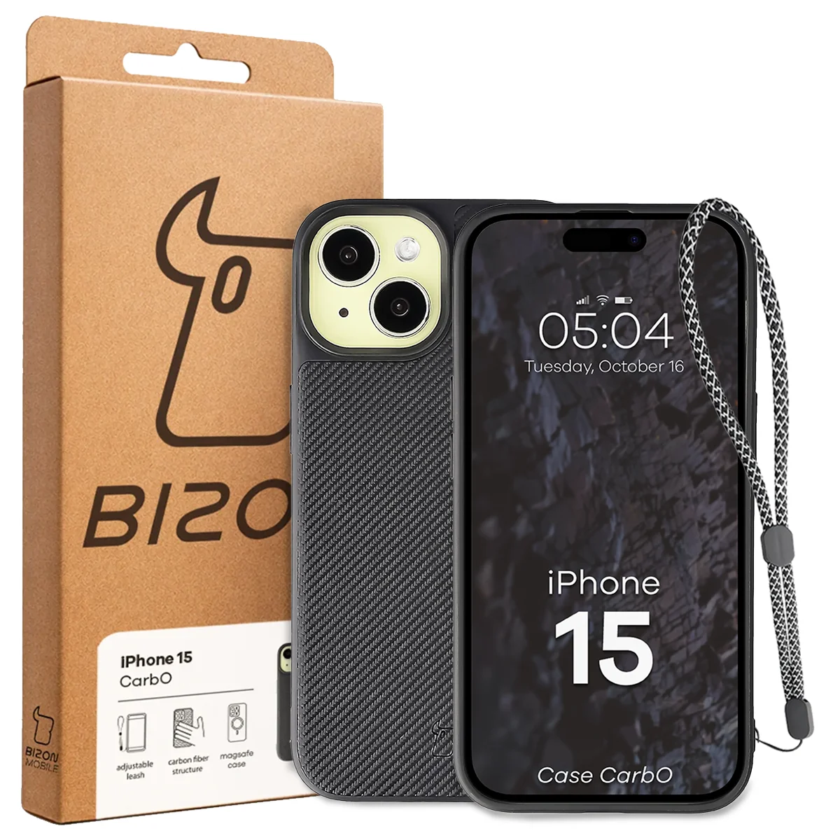 Front of the Bizon Case box with a dedicated label for Apple iPhone 15
