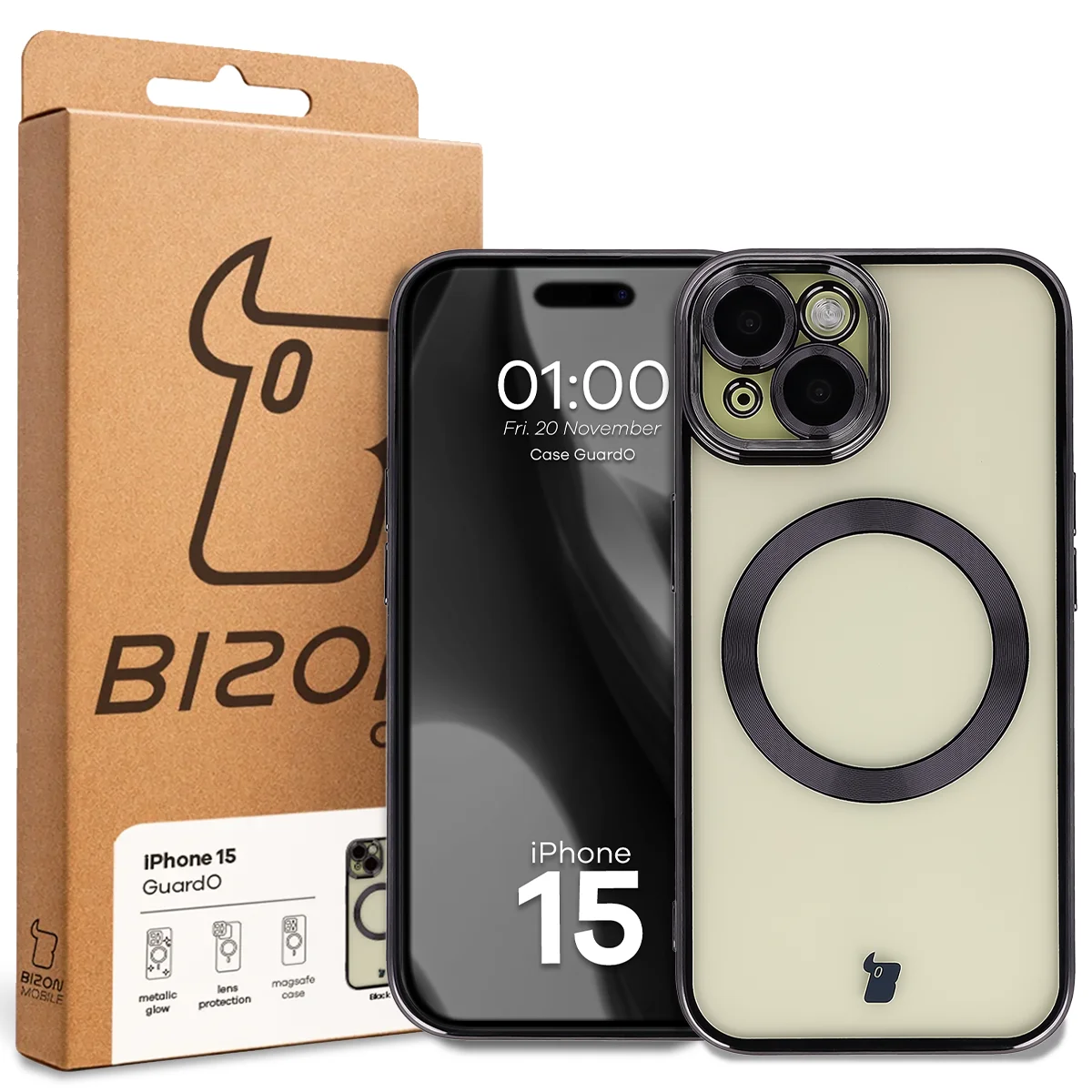 Front of the Bizon Case box with a dedicated label for Apple iPhone 15