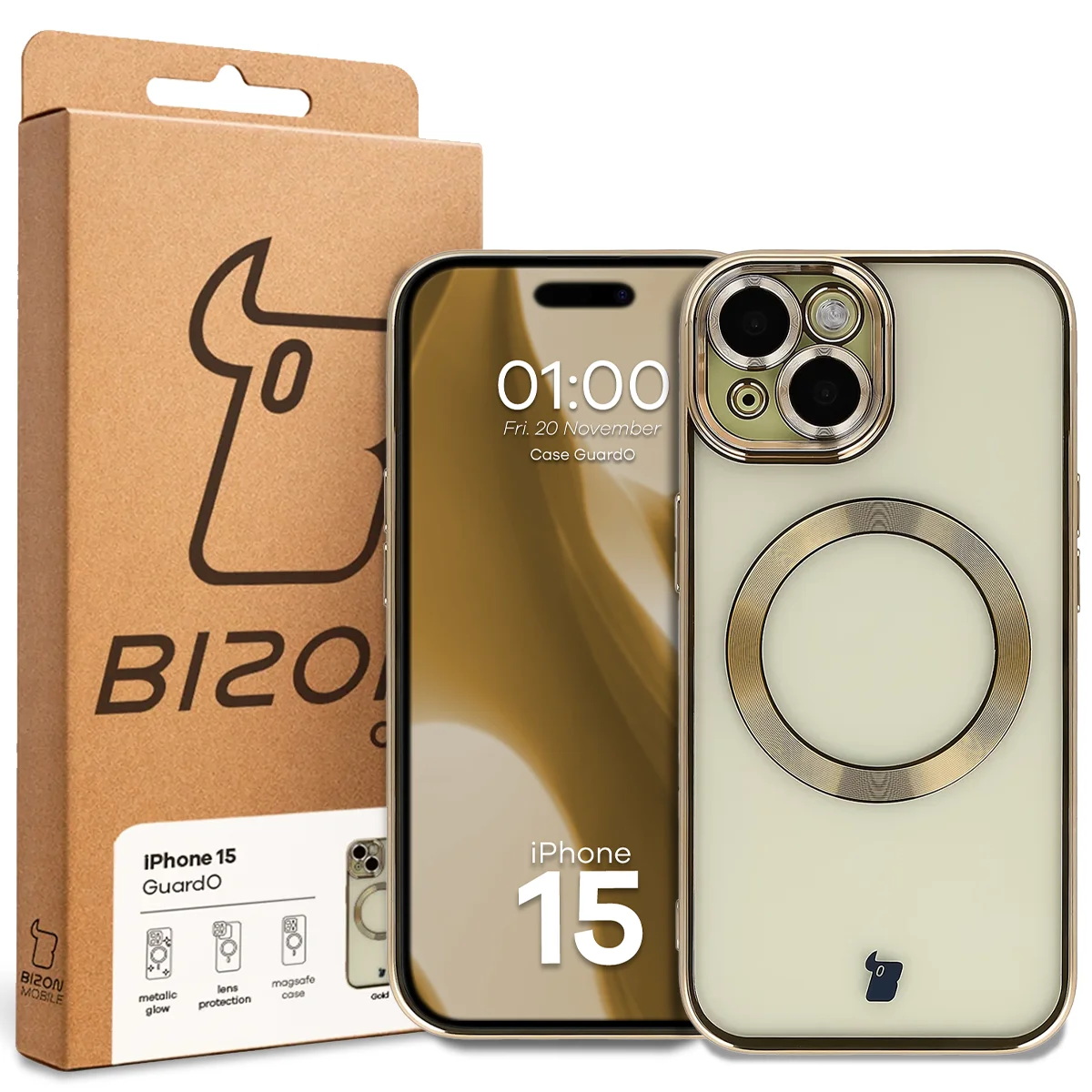 Front of the Bizon Case box with a dedicated label for Apple iPhone 15
