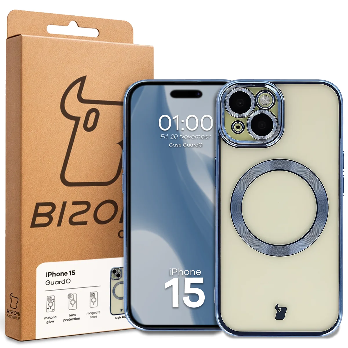 Front of the Bizon Case box with a dedicated label for Apple iPhone 15