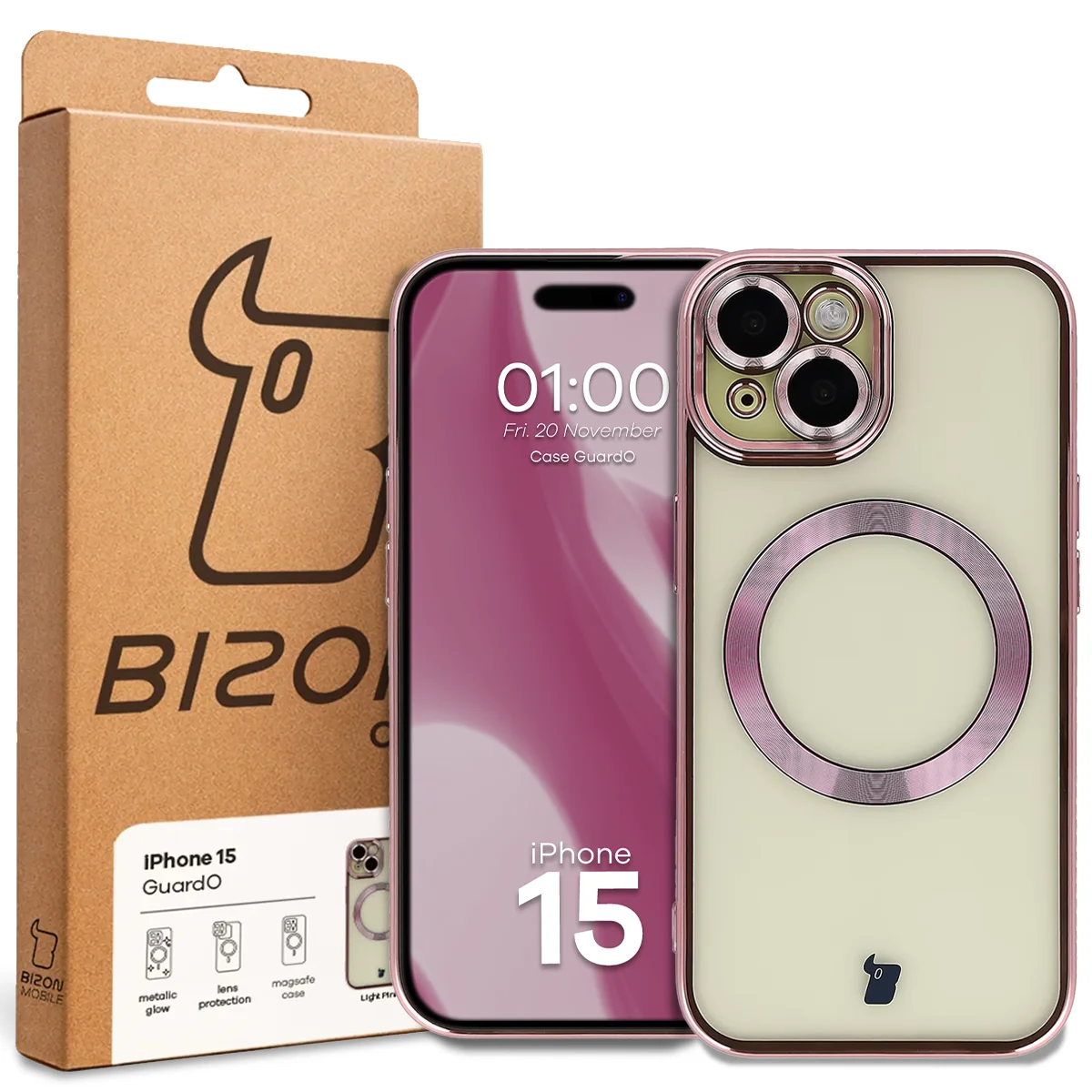 Front of the Bizon Case box with a dedicated label for Apple iPhone 15