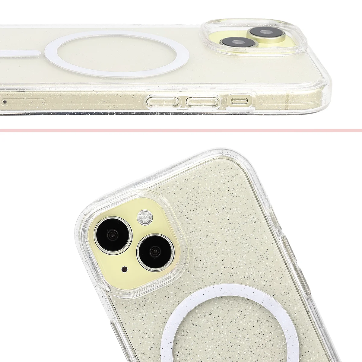 Podwyższone krawędzie aparatu i duże wycięcie w etui Bizon Case SparklO do Apple iPhone 15