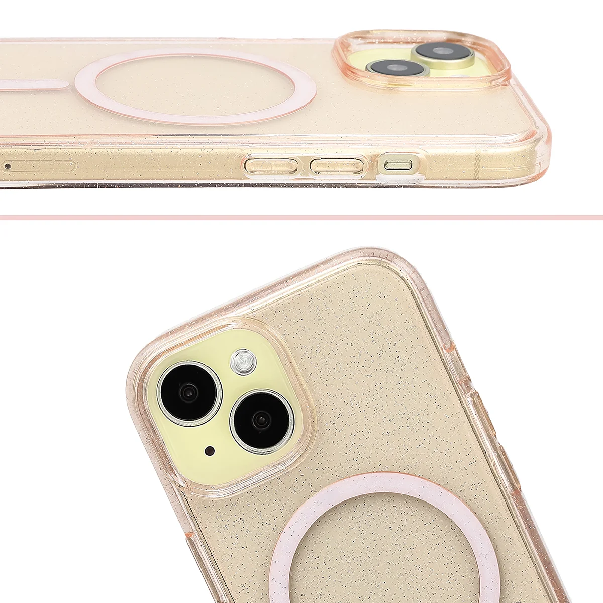 Podwyższone krawędzie aparatu i duże wycięcie w etui Bizon Case SparklO do Apple iPhone 15