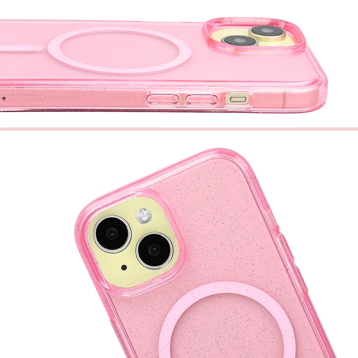 Podwyższone krawędzie aparatu i duże wycięcie w etui Bizon Case SparklO do Apple iPhone 15