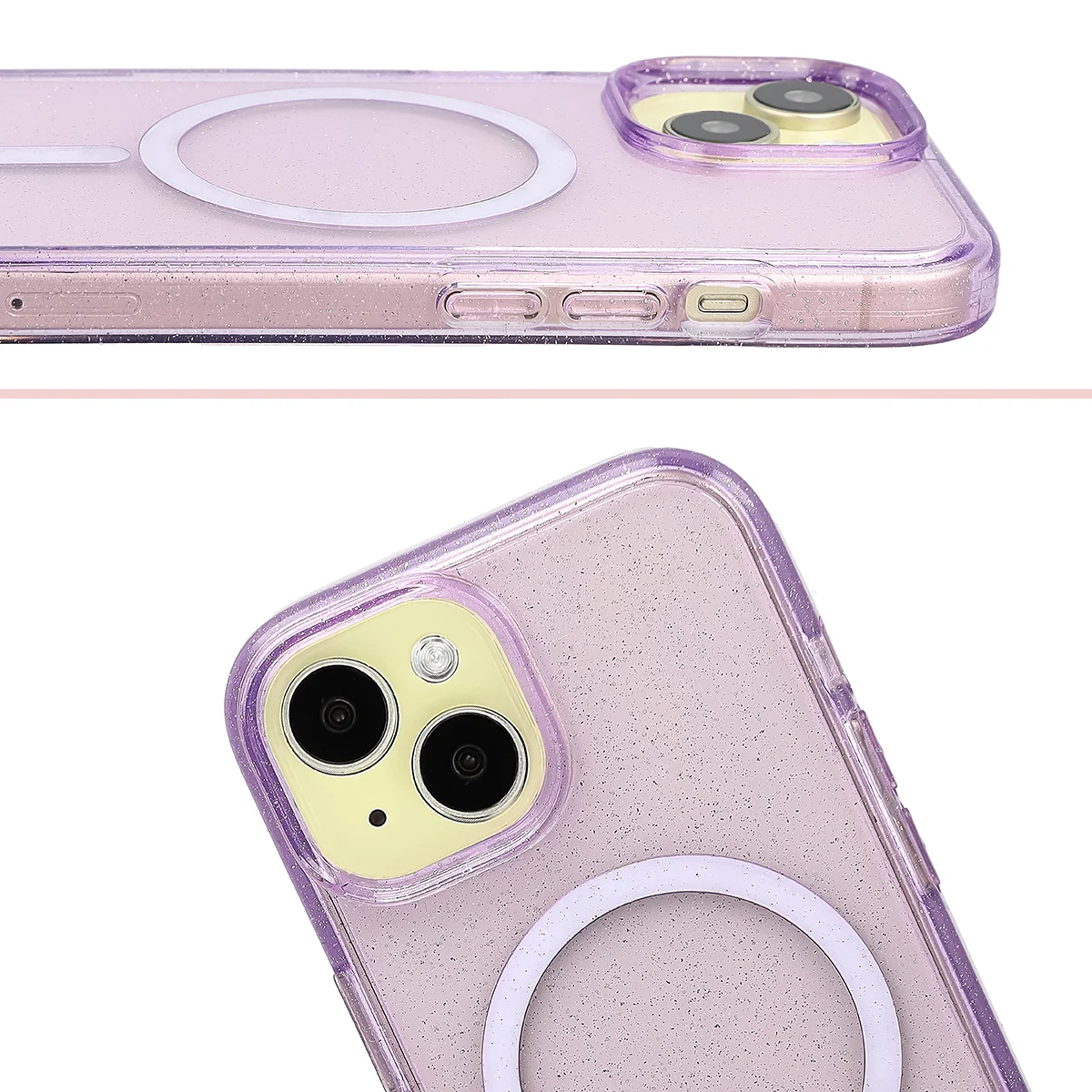 Podwyższone krawędzie aparatu i duże wycięcie w etui Bizon Case SparklO do Apple iPhone 15