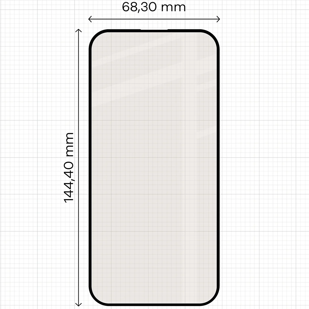 Measuring tape with dimensions of Bison Glass Matte for Apple iPhone 15 / Apple iPhone 16