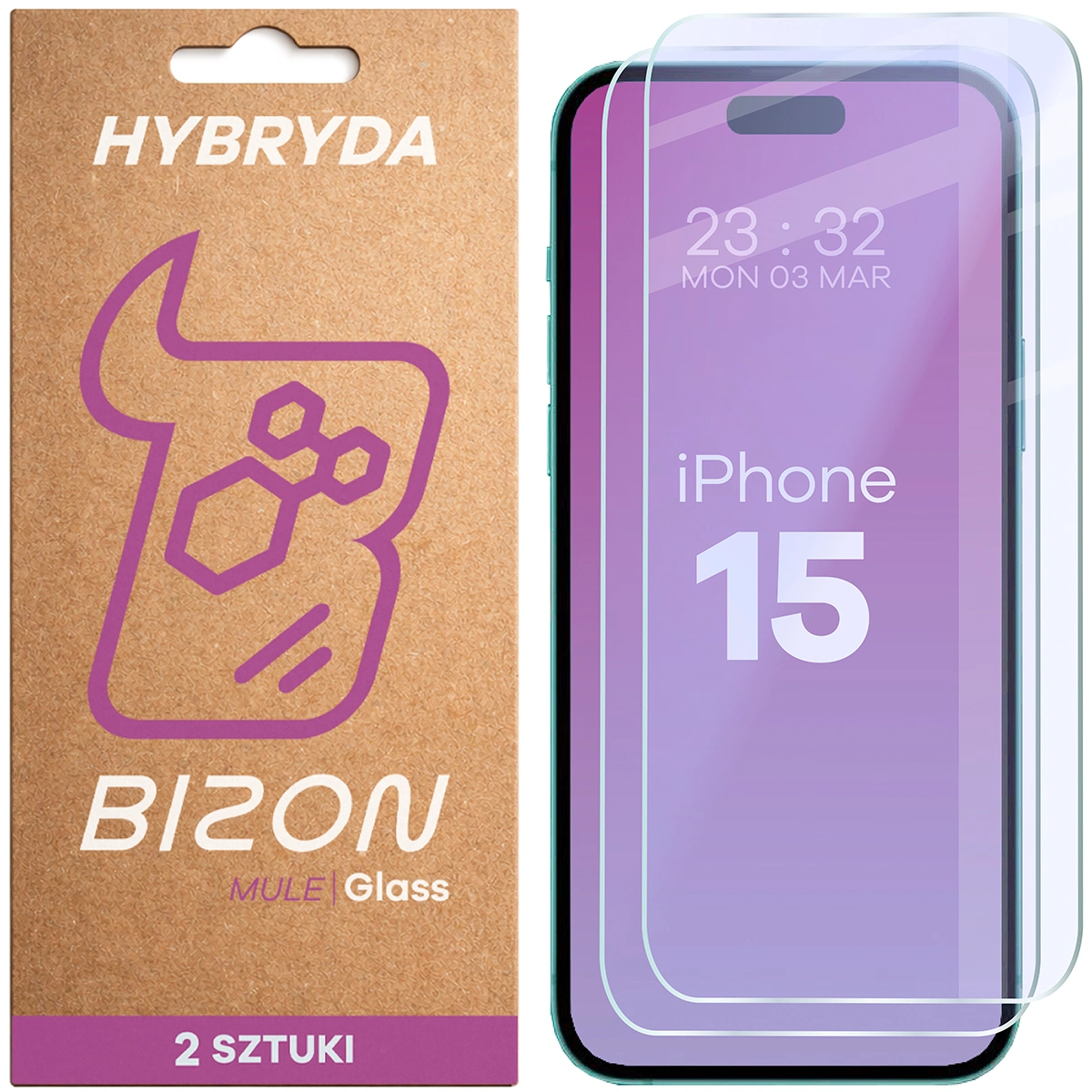 Elastyczne szkło hybrydowe Bizon Glass Mule Duo do Apple iPhone 15, 2 sztuki