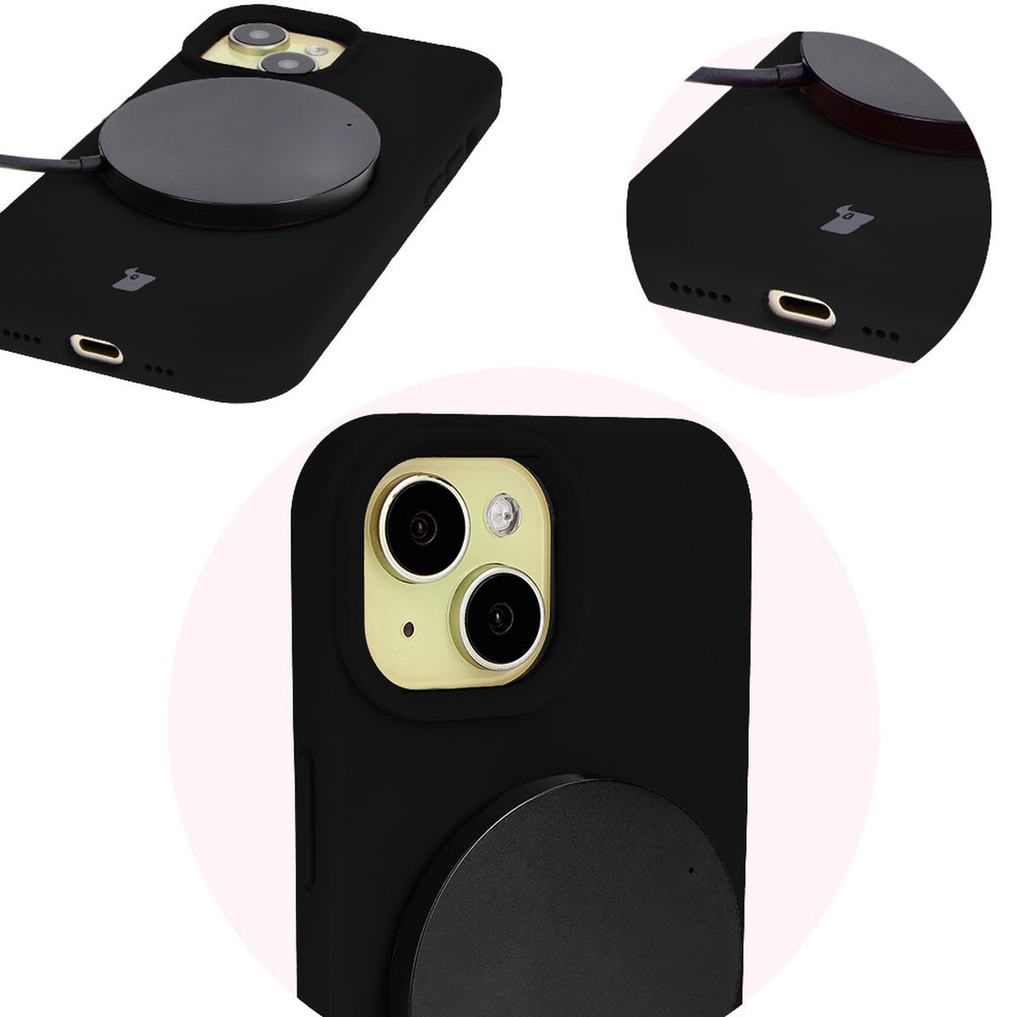 Nahaufnahme der präzisen Ausschnitte und der Möglichkeit des induktiven Ladens in der Bizon Soft Case-Hülle