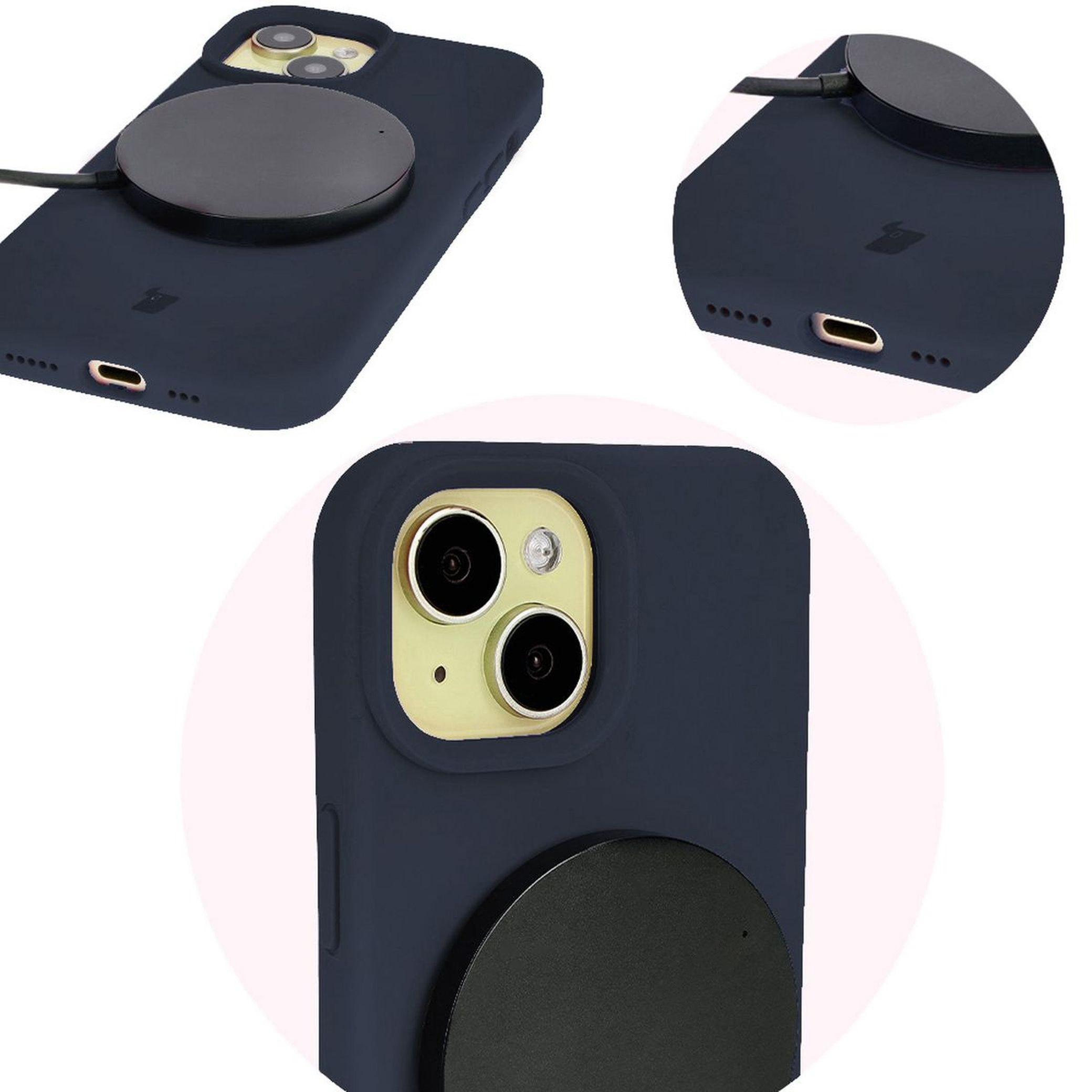 Prim-plan al decupajelor precise și posibilitatea de încărcare wireless în husa Bizon Soft Case