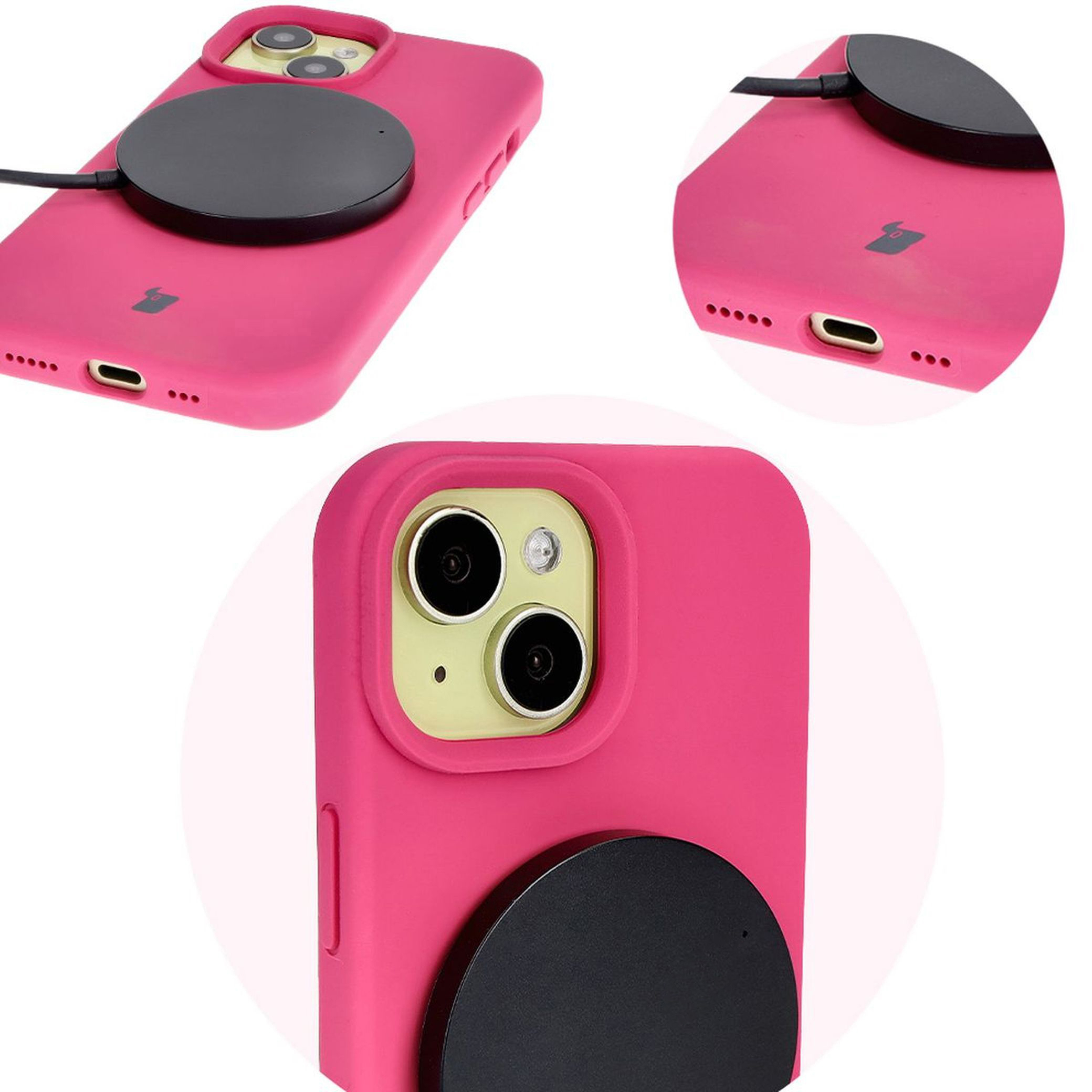 Prim-plan al decupajelor precise și posibilitatea de încărcare wireless în husa Bizon Soft Case