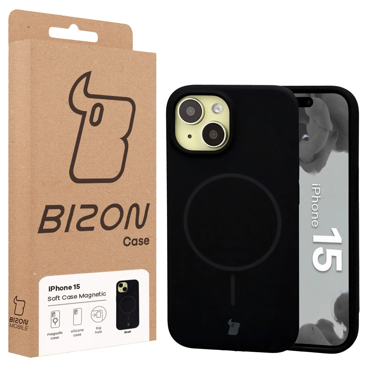 Przód pudełka Bizon Case z dedykowaną etykietą do Apple iPhone 15