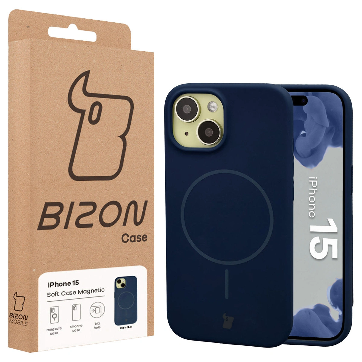 Przód pudełka Bizon Case z dedykowaną etykietą do Apple iPhone 15