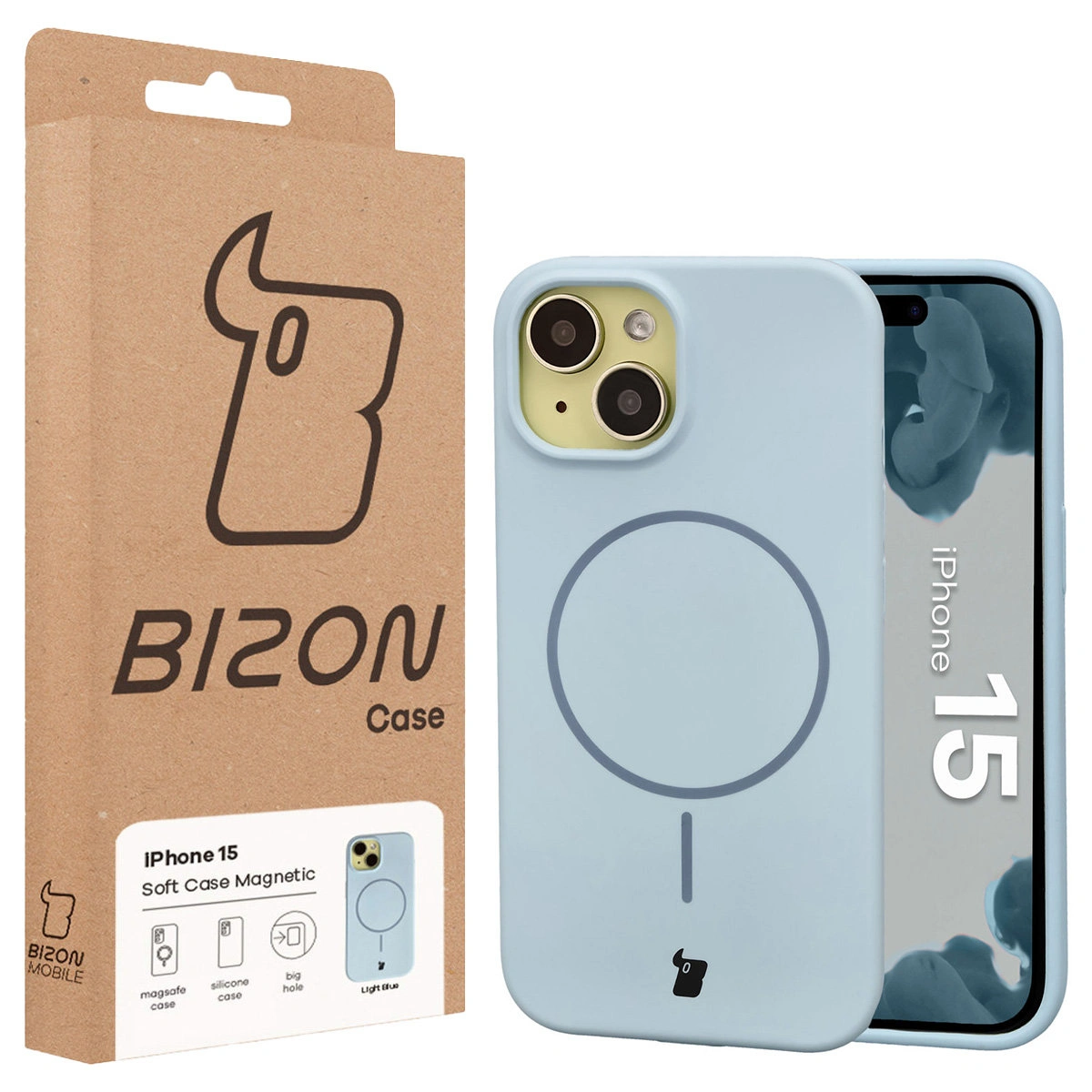 Przód pudełka Bizon Case z dedykowaną etykietą do Apple iPhone 15