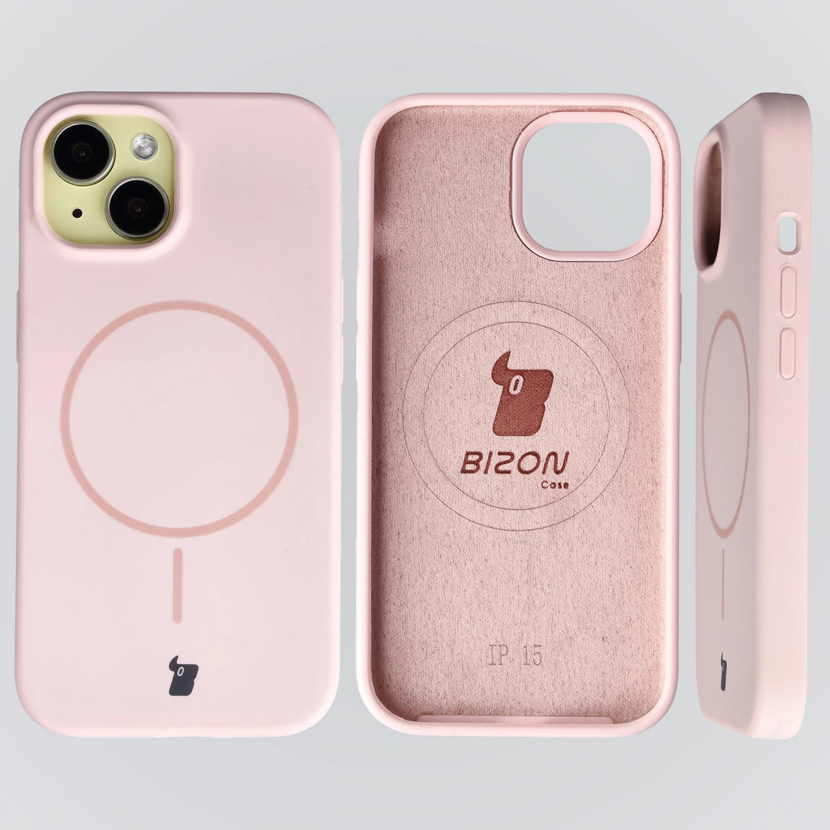 Konstrukcja etui Bizon Soft Case Magnetic: silikon, mikrofibra i zintegrowane osłony do Apple iPhone 15