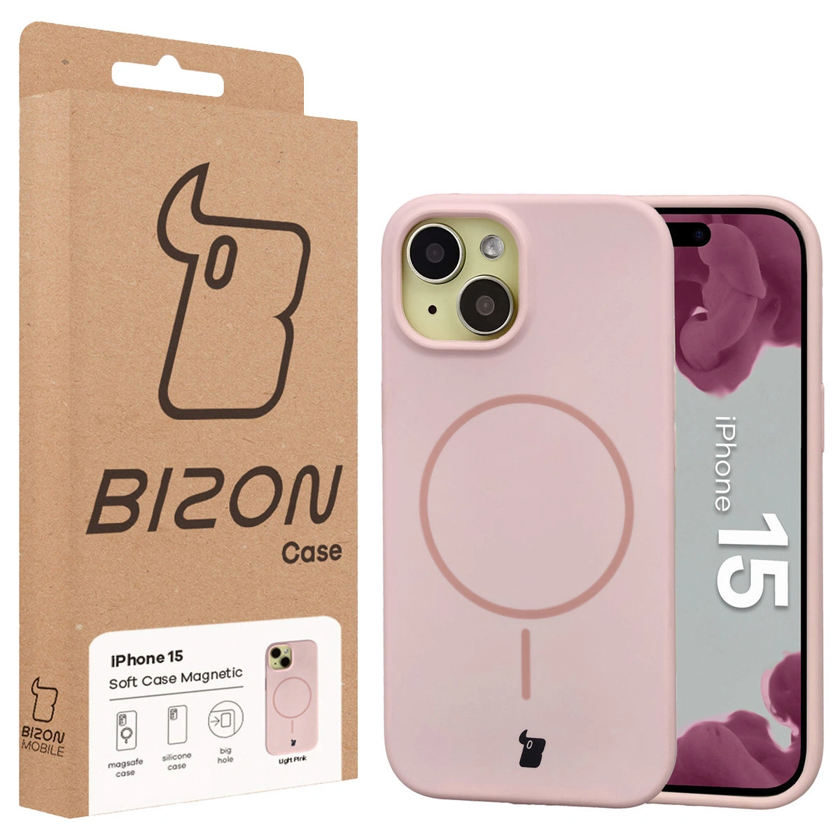 Przód pudełka Bizon Case z dedykowaną etykietą do Apple iPhone 15
