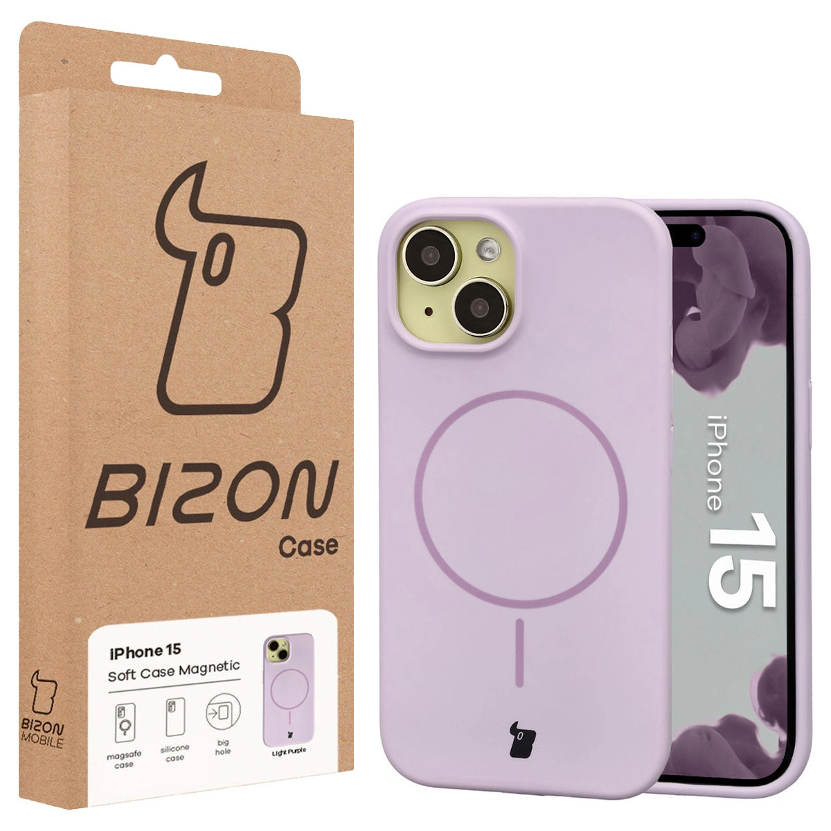 Przód pudełka Bizon Case z dedykowaną etykietą do Apple iPhone 15