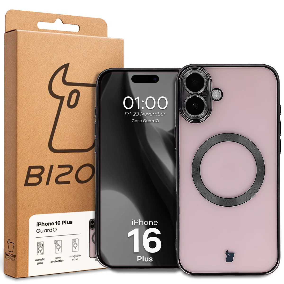 Przód pudełka Bizon Case z dedykowaną etykietą do Apple iPhone 16 Plus