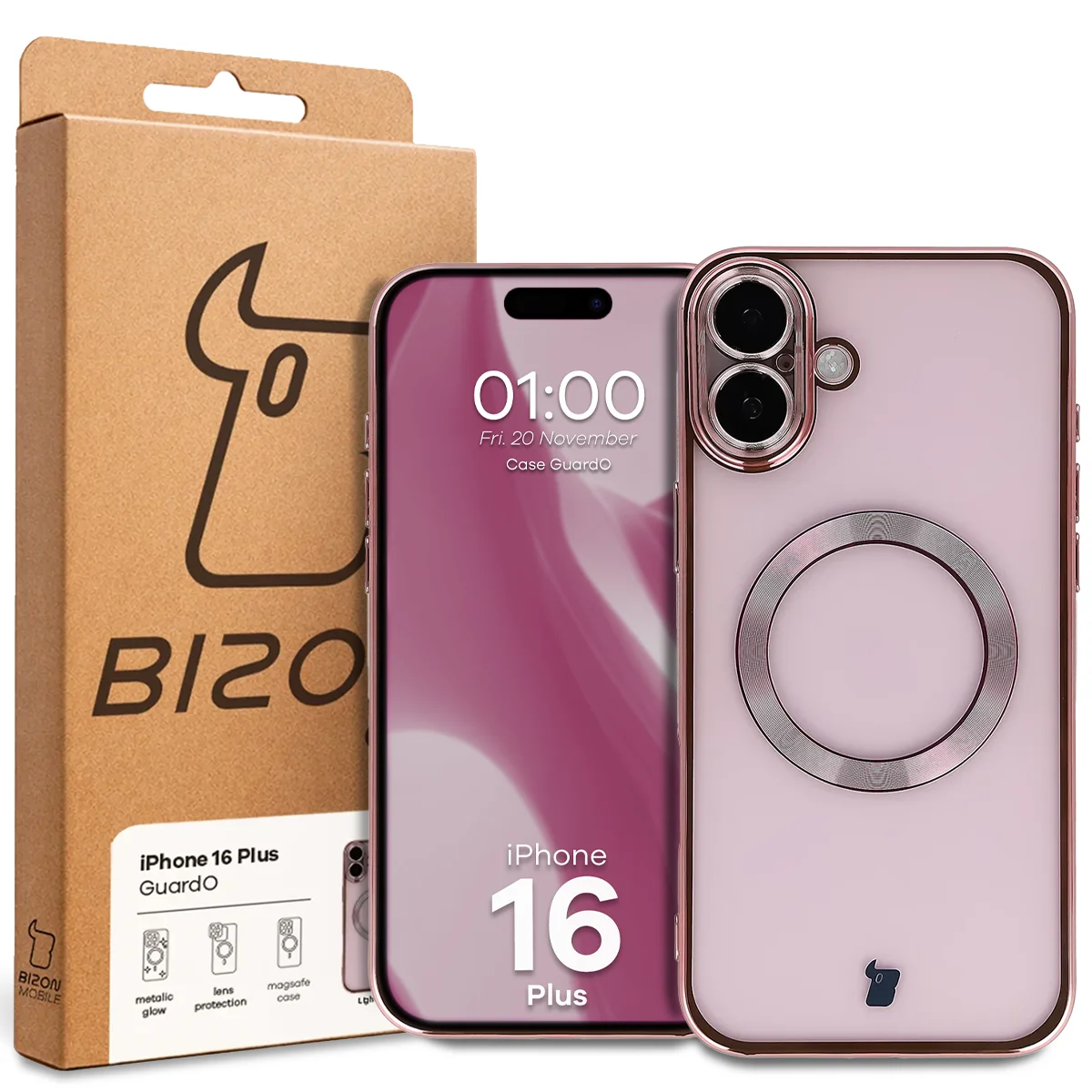 Przód pudełka Bizon Case z dedykowaną etykietą do Apple iPhone 16 Plus