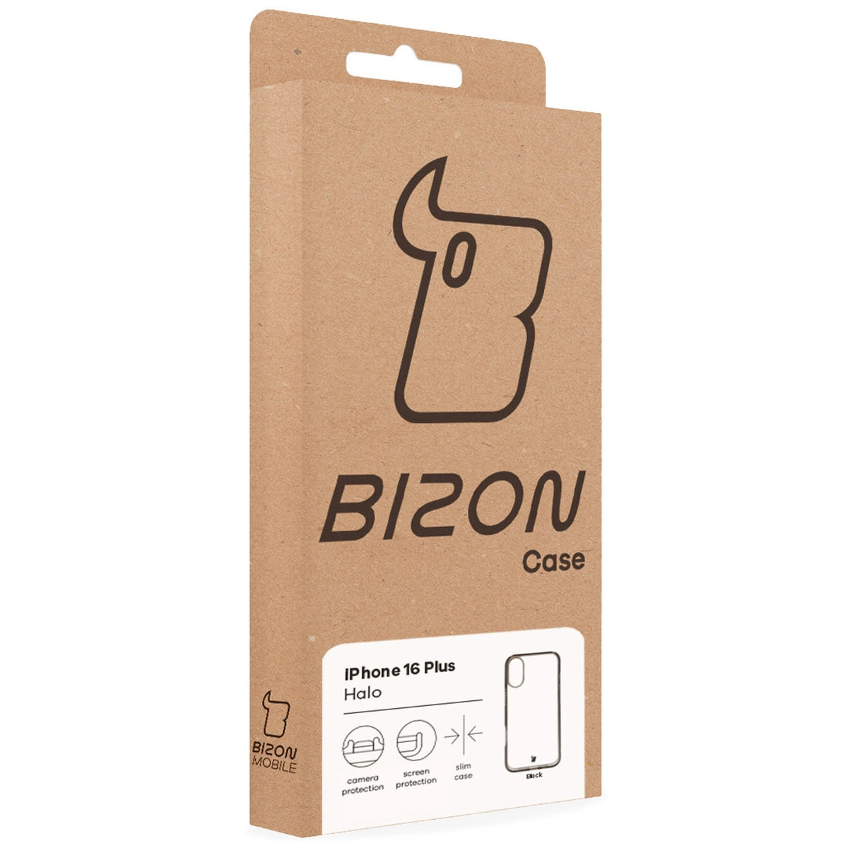 Front of the Bison Case box with a dedicated label for Apple iPhone 16 Plus
