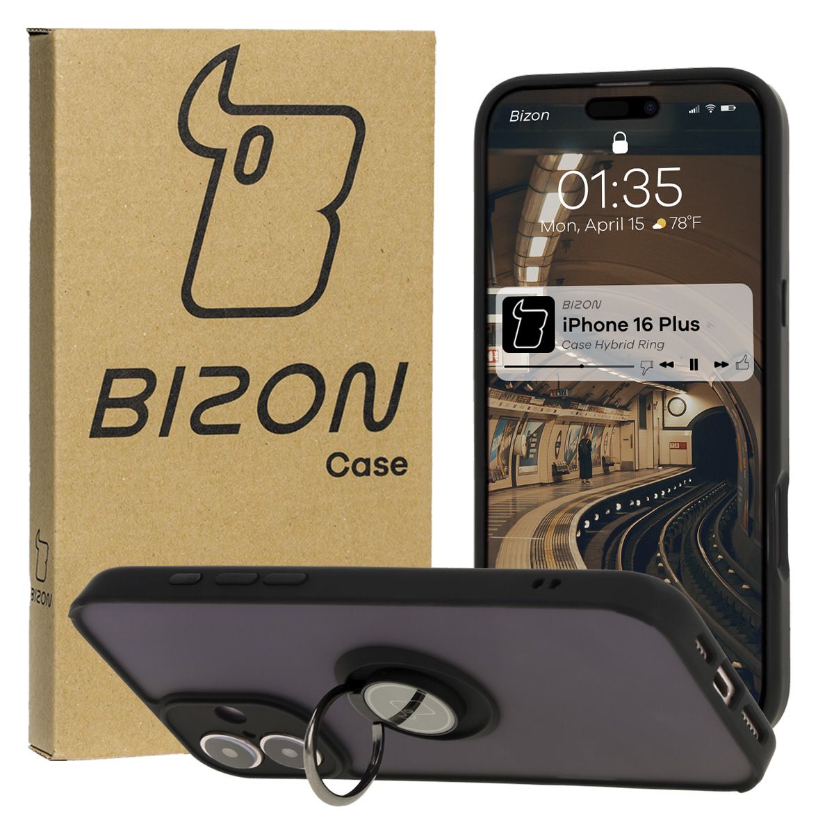 Etui cu suport pentru deget Bizon Case Hybrid Ring pentru Apple iPhone 16 Plus