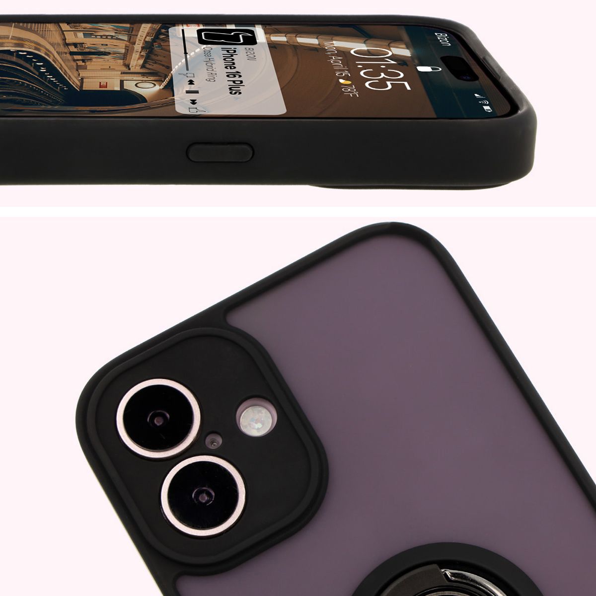 Prim-plan pe margini ridicate lângă display și camera în etui Bizon Hybrid Ring