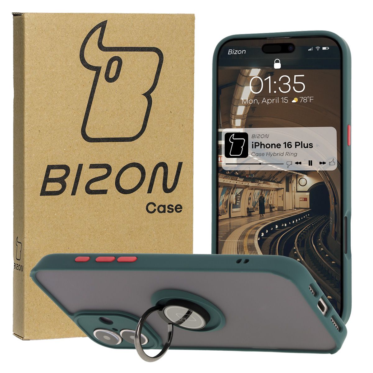 Etui cu suport pentru deget Bizon Case Hybrid Ring pentru Apple iPhone 16 Plus