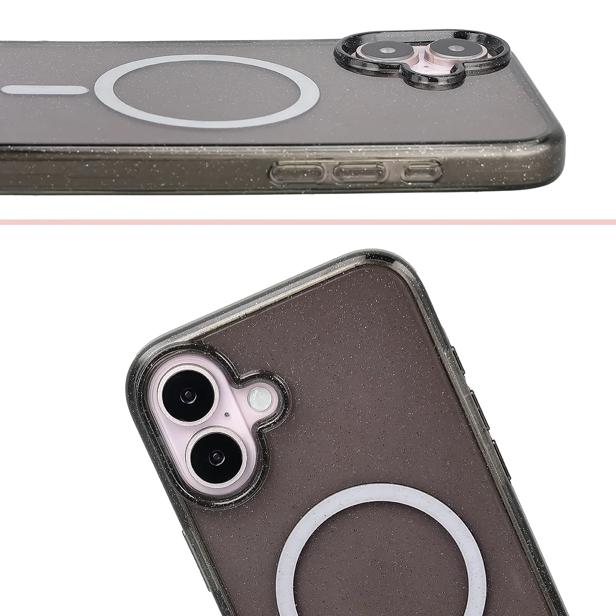 Raised edges of the camera and large cutout in Bizon Case SparklO for Apple iPhone 16 Plus