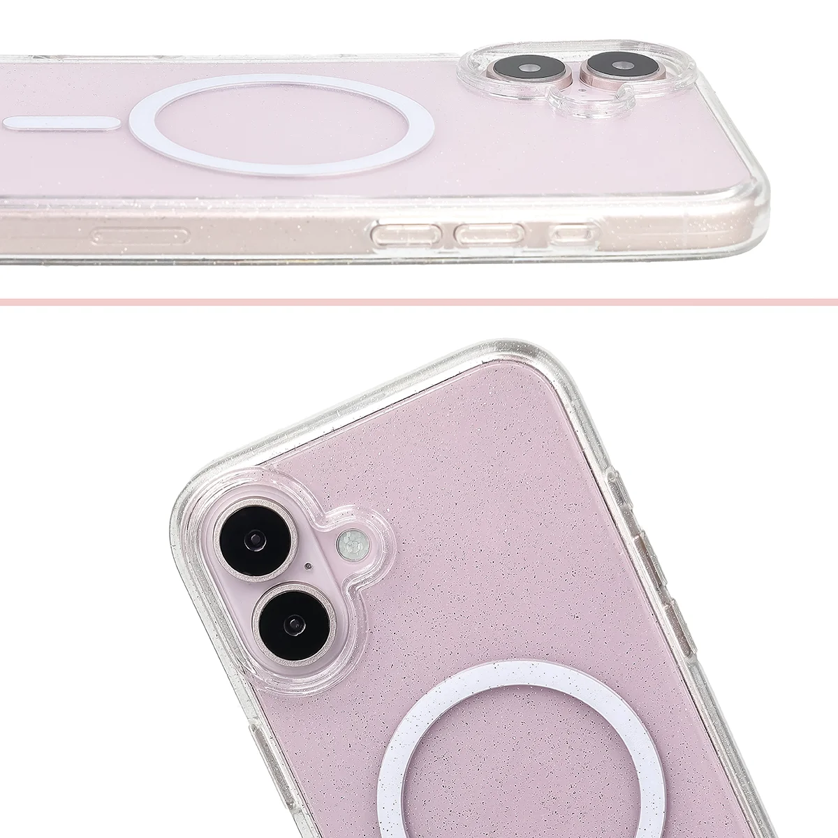 Podwyższone krawędzie aparatu i duże wycięcie w etui Bizon Case SparklO do Apple iPhone 16 Plus